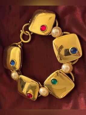 Modern Mogul Gold Bracelet with Pearls and Multicolored Cabochons